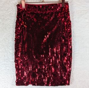615-H&M Red Sequin Midi Wrap Skirt‎